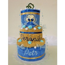 Textilní dort s vyšitými jmény novomanželů (modro/béžový)