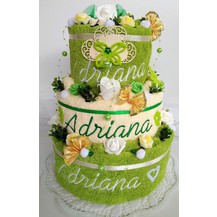 Textilní dort s vyšitými jmény novomanželů (žlutozelený/smetanový)