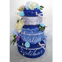 Textilní dort třípatrový - modrý s vyšitými jmény novomanželů