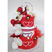 Textilní svatební dort třípatrový vyšitá srdíčka 1ks osuška 2ks ručník