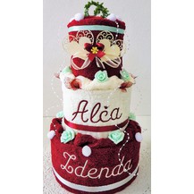 Veratex Textilní dort třípatrový - vínovo/ bílý s vyšitými jmény novomanželů
